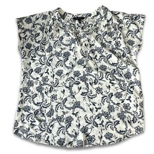 Banana Republic Navy Floral Blouse Size Medium Ivory Cap Sleeve Top